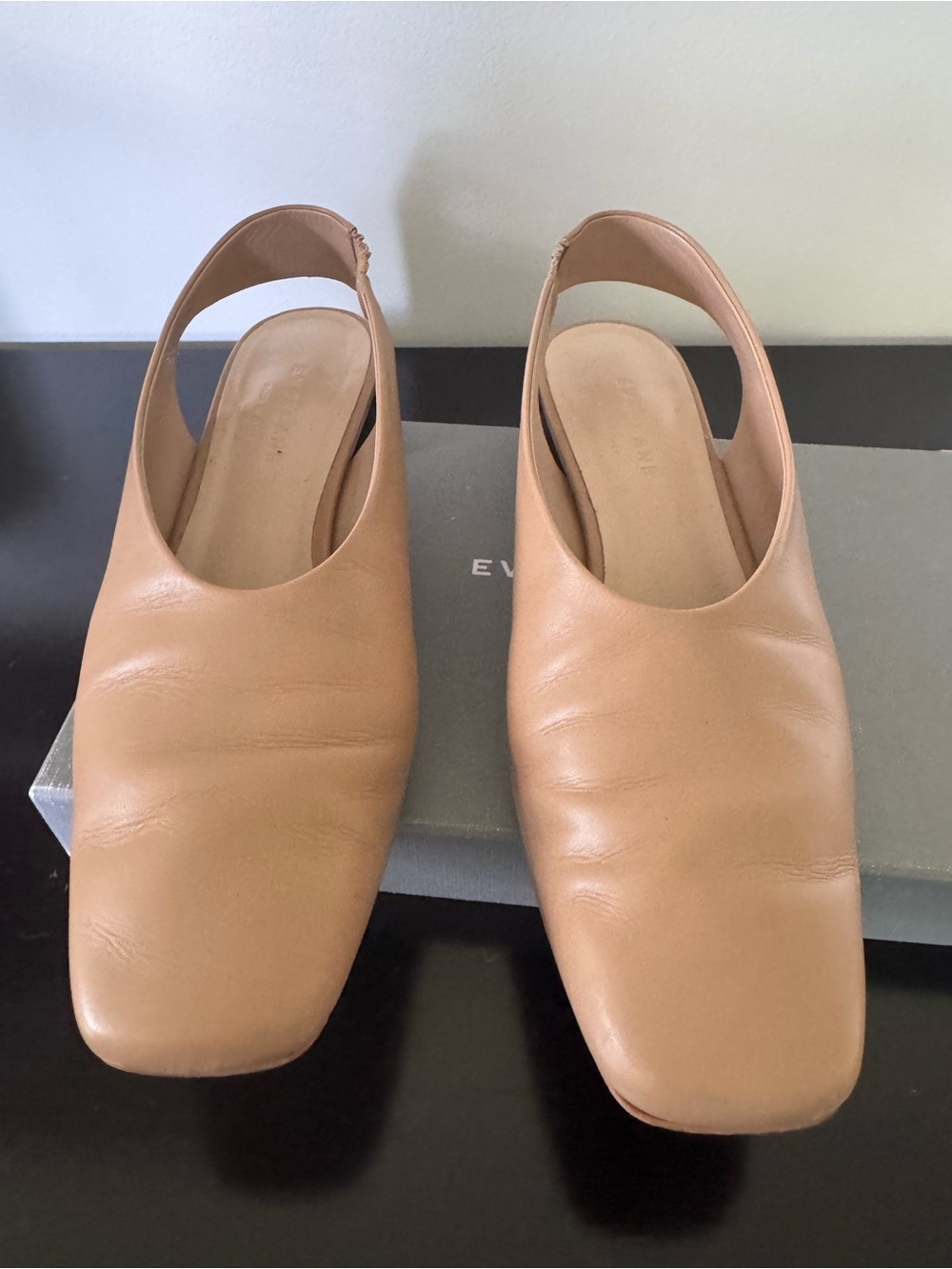 Everlane Leather Square Toe Slingback Low Circular Block Heels size 9 (US)